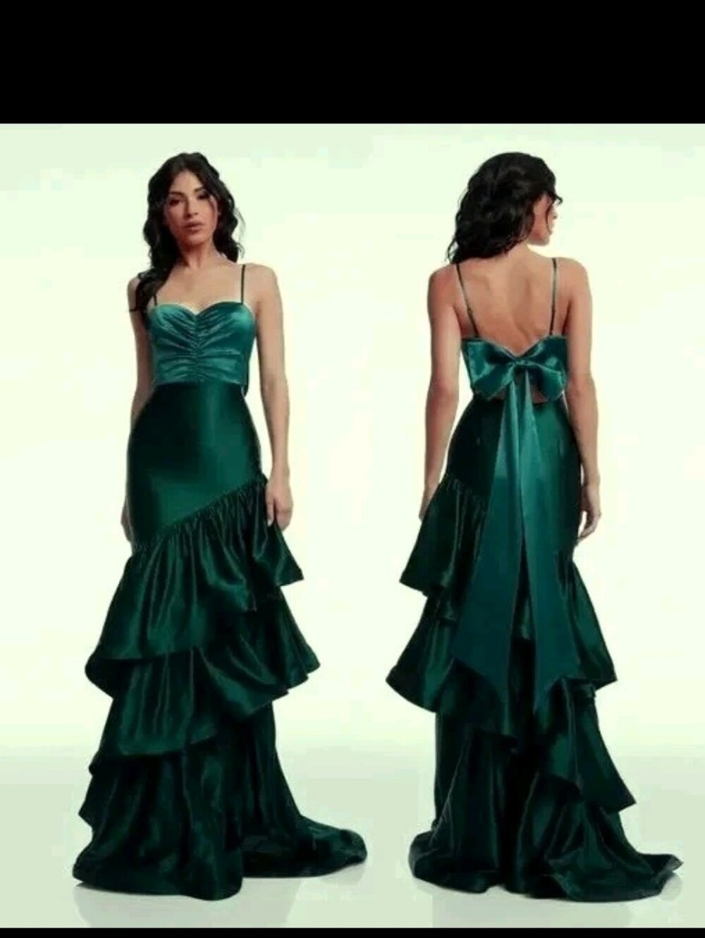 Dress the Population Emerald Green Satin Ruffle Prom Gown